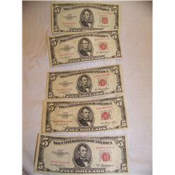 (5X $) $5 U.S NOTES EXCELLENT CONDITION SERIES 1953 RED LABEL