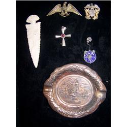 (6) pI. COLLECTIBLE LOT 1. ARROWHEAD 3. MILITARY PENDANTS (1)STERLING  CROSS (1) COPPER ASHTRAY