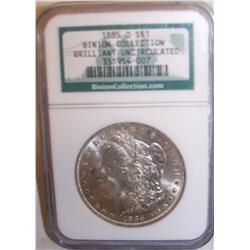 1885 "BINION COLLECTION" NGC CERTIFIED BRILLIANT UNCIRCULATED MORGAN SILVER DOLLAR