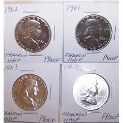 (4X$) FRANKLIN HALVES BRILLIANT PROOFS-1961,1962,(2)1963