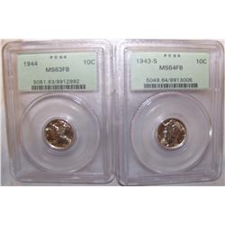 (2X$) PC65 CERTIFIED MERCURY DIMES FULL BAND 1943-SMS,64 FB,1944 MS-63