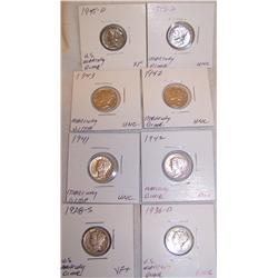 (8X$) MERCURY DIMES FINE-UNCIRCULATED CONDITION1928-S,1936-D,1941,(2)1942,1943,1945-D,1943-D