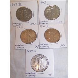(5X$)  U.S WALKING LIBERTY HALVES VF-AU+ 1929-S,1941,1942-S,1942,1947