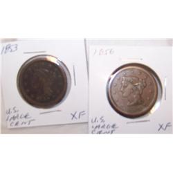 (2X$)2. U.S ONE LARGE CENTS XF CONDITION 1853 &1856