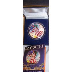 2001 AMERICAN EAGLE.999 FINE SILVER DOLLAR IN FULL COLOR W/ AMERICAN HISTORICAL SOCIETY COA