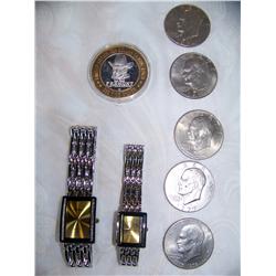 (7) pIECE LOT: (5) IKE DOLLARS; 1. $10 LIMTED ED.999 FINE SILVER FREEMONT TOKEN(2) GENEVA WATCHES