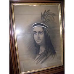 ANTIQUE ORIGINAL MIXED MEDIA DRAWING OF AN INDIAN PRINCESS