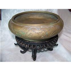 ANTIQUE CHINESE BRASS LILY BOWL on teak stand