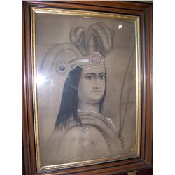ANTIQUE MIXED MEDIA PORTRAIT OF AN INDIAN WARRIOR