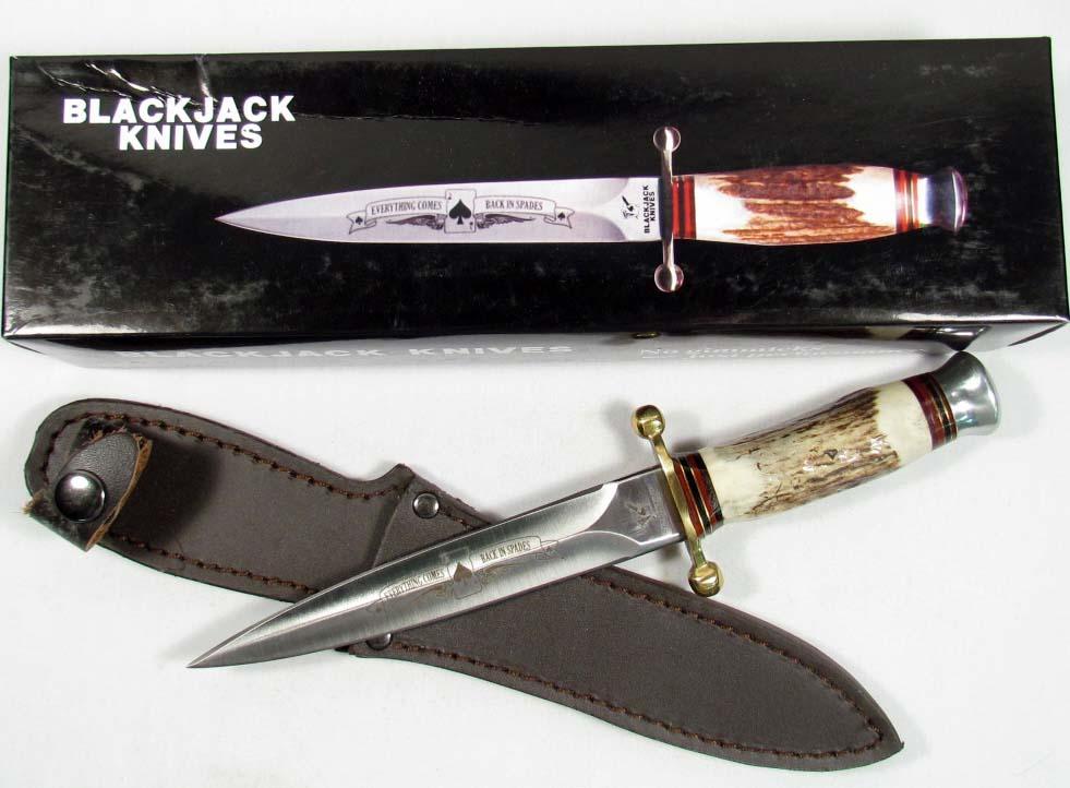 BLACK JACK ACE OF SPADES DAGGER W/ STAG HANDLE AND
