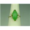 Image 1 : Charming Yellow Gold Ladies Ring Set with a MQ cut cabochon green jade and four side round cultured 