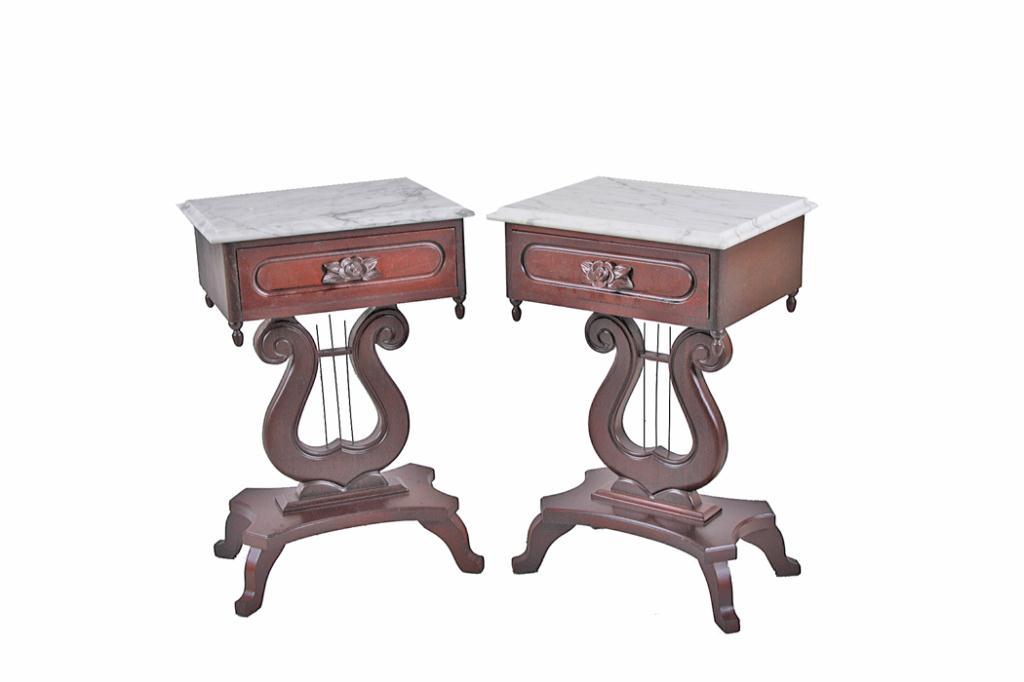 Pair of Cherrywood Antique Side Tables Both have harp design to