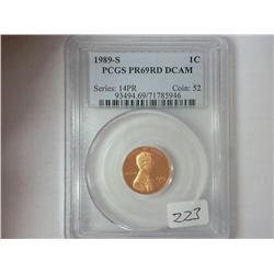 1989-S LINCOLN CENT PCGS PR69RD DCAM
