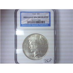 1922 PEACE SILVER DOLLAR NGC BRILLIANT UNC