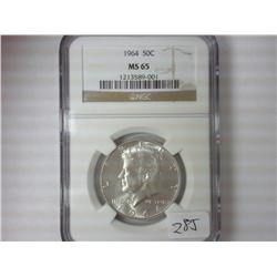 1964 KENNEDY HALF DOLLAR NGC MS65