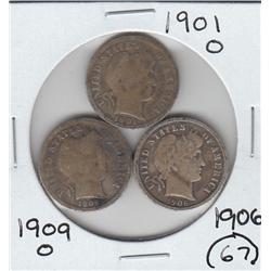 3 BARBER DIMES 1909 O 1901-O 1906 SILVER
