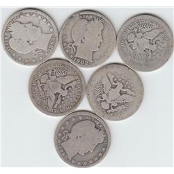 LOT OF 6 BARBER SILVER QUARTERS