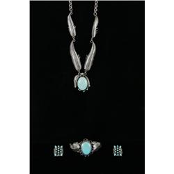 4pc. Native American Silver & turquoise jewelry Feather necklace, Bracelet, pair of earrings