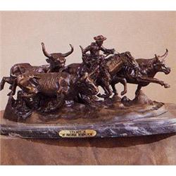 Amazing "Stampede" Bronze Sculpture by Frederick Remington, 4 cattle, one cowboy on horse.