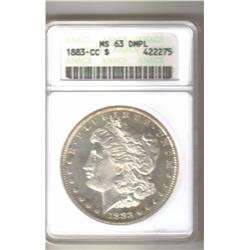 1883 CC/CC ANACS MS-63 PROOF LIKE DEEP MIRROR MORGAN SILVER DOLLAR, VAM-5A