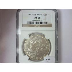1991-95-D WWII SILVER DOLLAR NGC MS69