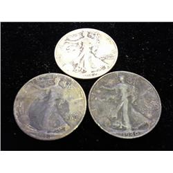 3 ASSORTED WALKING LIBERTY HALF DOLLARS