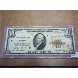 1929 $10 NATIONAL CURRENCY ATLANTA BROWN SEAL