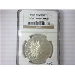 1989-S CONGRESS SILVER DOLLAR NGC PF68 ULTRA CAMEO