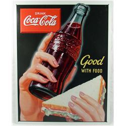 COCA COLA GOOD W/ FOOD METAL ADVERTISING SIGN - AP