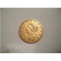 1847 $10 Gold Coin - Liberty Head Eagle, no motto above eagle.