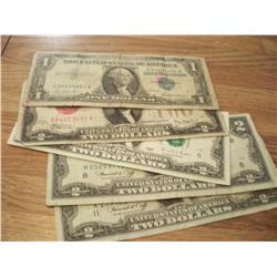 Four $2 Notes and One $1 Silver Certificate