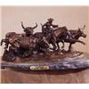 Image 1 : Amazing "Stampede" Bronze Sculpture by Frederick Remington, 4 cattle, one cowboy on horse.