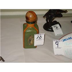 ANTIQUE WOOD AND LEATHER DECANTER GOLF MOTIF