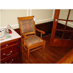 ANTIQUES OAK CHAIR RE-UPHOLSTERED WITH BRASS BRADS