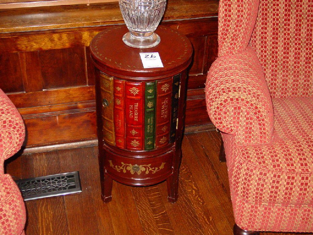 LIBRARY SIDE TABLE LEATHER, WITH BOOK MOTIF, AND OPENING DOOR ON FRONT