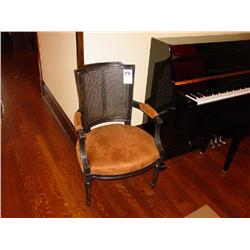 SIDE CANE-BACKED BLACK WOODEN CHAIR WITH LEATHER SEAT