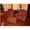 Image 1 : STATESVILLE CHAIR COMPANY UPHOLSTERED CHAIRS AND OTTOMAN (2X) CUSTOM-COVERED IN DESIGNER FABRIC, WIT