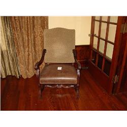 WOODEN AND LEATHER CHAIR WITH UPHOLSTERED BACK