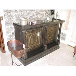 VERONA BAR IN COFFEE FINISH WOODEN BAR WITH ENCLOSED STORAGE, AND OLD METAL CEILING TINS ON FRONT