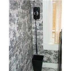 OLD-FASHIONED BLACK WALL-MOUNT TELEPHONE WITH PUSH BUTTONS & TRASH CAN
