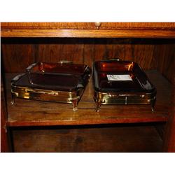 AMBER GLASS AND METAL CASSEROLE SERVING DISHES W/SILVER HOLDERS (2X)