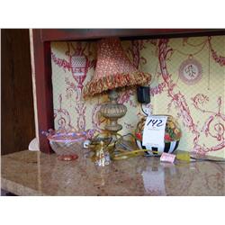MACKENZIE CHILDS HAND CRAFTED GLASS CANDY DISH, BELL & LAMP (4X)