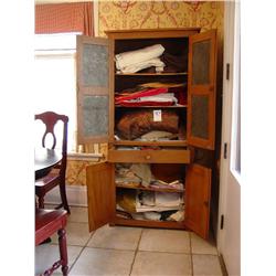 LINENS, TABLE CLOTHS, APKINS IN PIE SAFE