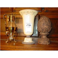 CERAMIC FRENCH COUNTRY DECORATIVE ACORN STATUE & YELLOW FRENCH COUNTRY CERAMIC TALL VASE (2X)