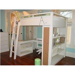 POTTERY BARN SLEEP/STUDY LOFT BED WHITE WOODEN LOFT BED WITH COMPUTER DESK AND SHELVING BELOW W/MAT 