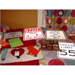 METAL STREET SIGNS HUNG ON WALL "STOP FASTEN YOUR SEAT BELTS" AND "SPEED LIMIT 55" AND "STUDENT DROP