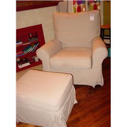 POTTERY BARN SWIVEL, ROCKING, UPHOLSTERED ARM CHAIR AND OTTOMAN KHAKI COLOR