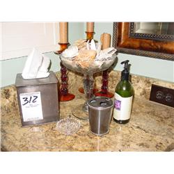 CRYSTAL DECORATIVE VANITY POTPOURRI HOLDER, SET OF AMBER GLASS CANDLE STICKS, BRONZE METAL TISSUE HO