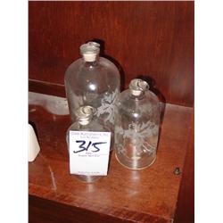FROM PORTUGAL SET OF DECORATIVE ETCHED GLASS BOTTLES WITH CORKS (3X)