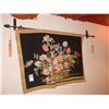 Image 1 : WALL-HUNG FLORAL TAPESTRY WITH BLACK BACKGROUND, HARDWARE FOR HANGING TAPESTRY (1X)